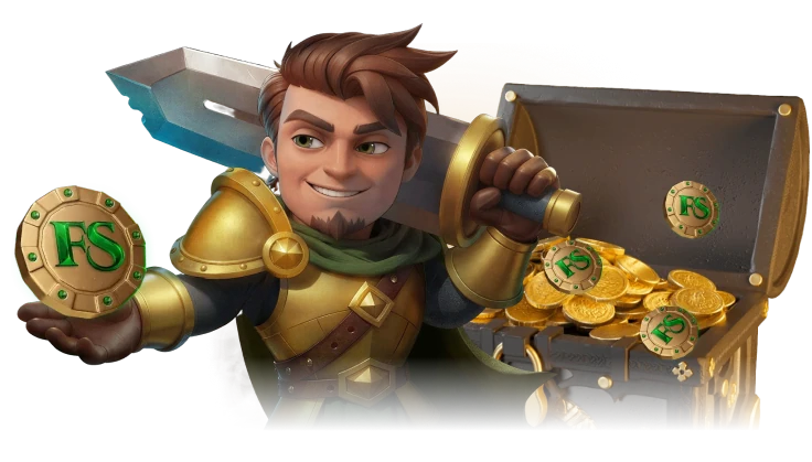 Herospin jeune héros souriant avec armure et pièces d’or
